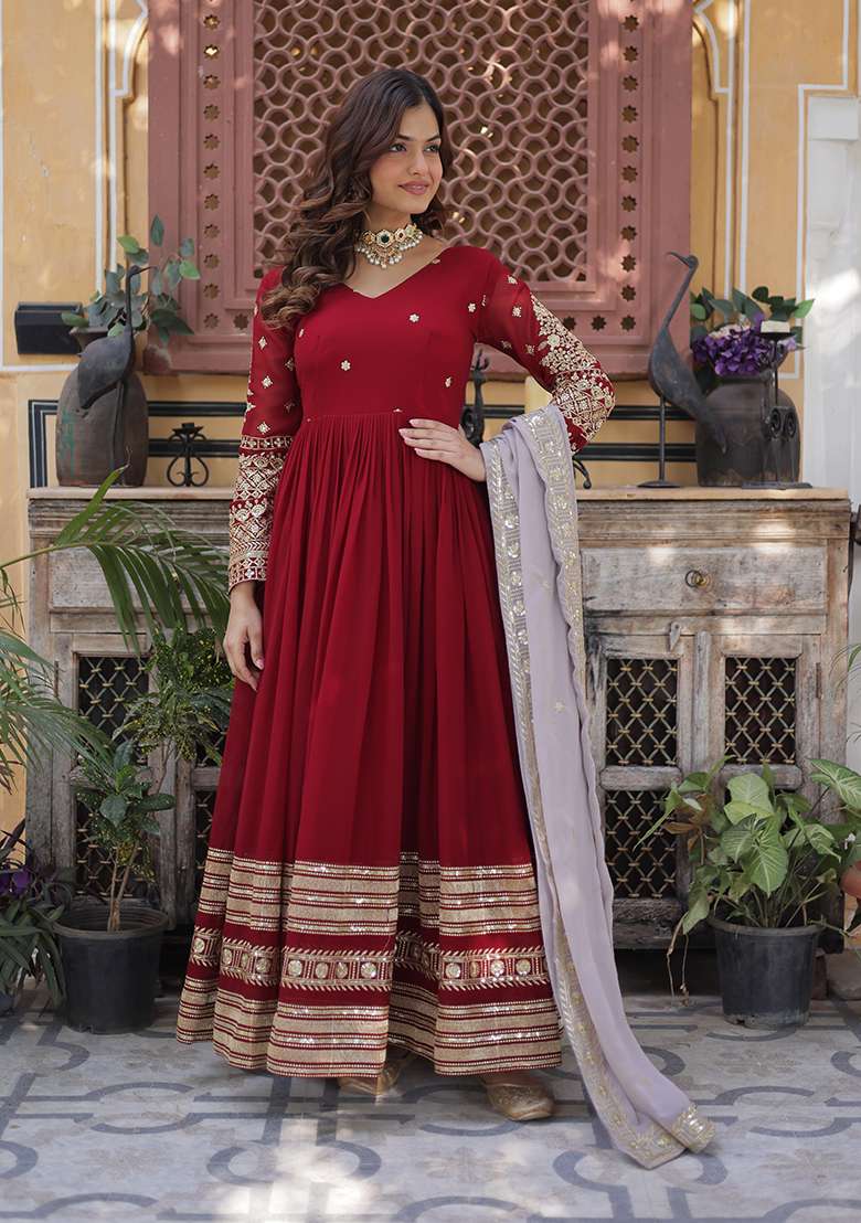 Red Embroidered Georgette Anarkali Set - Indya