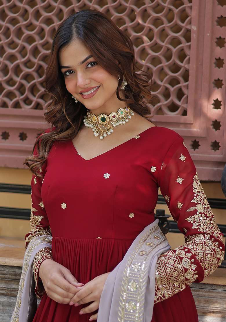 Red Embroidered Georgette Anarkali Set - Indya