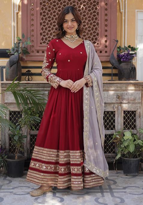 Red Sequence Embroidery Work Georgette Kurta Set