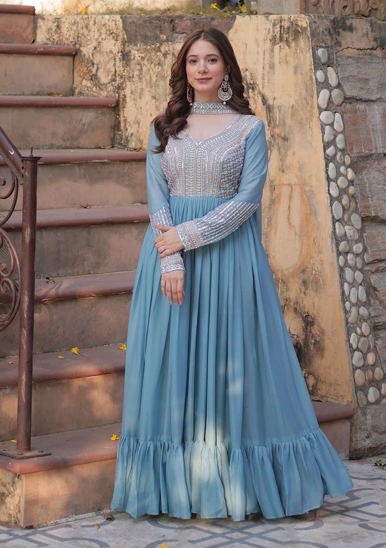 Sky Blue Embroidered Georgette Anarkali Set - Indya