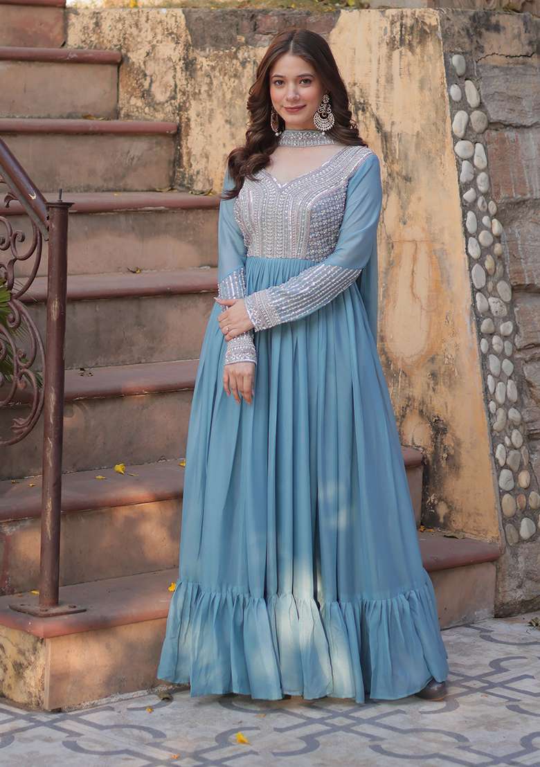 Sky Blue Embroidered Georgette Anarkali Set - Indya