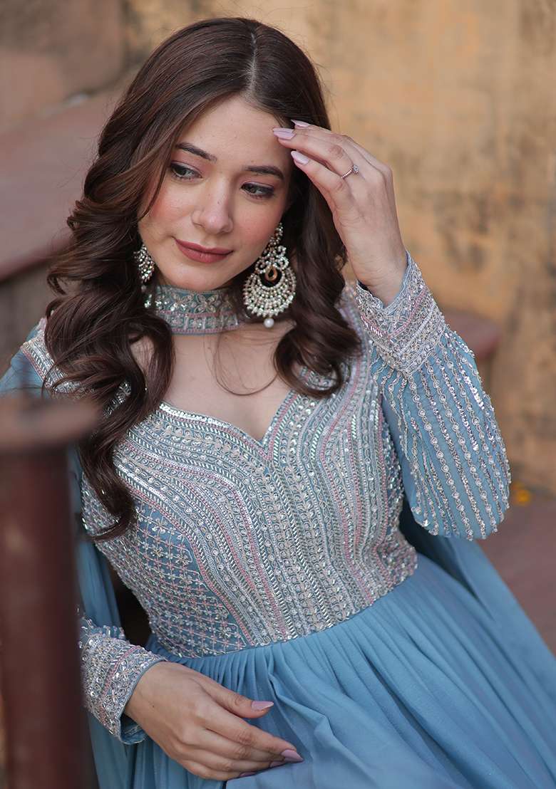 Sky Blue Embroidered Georgette Anarkali Set - Indya