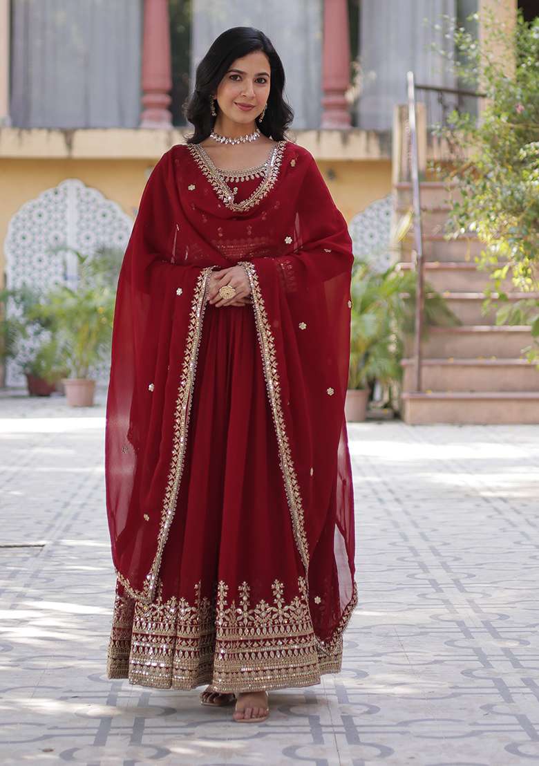 Maroon Embroidered Georgette Anarkali Set - Indya