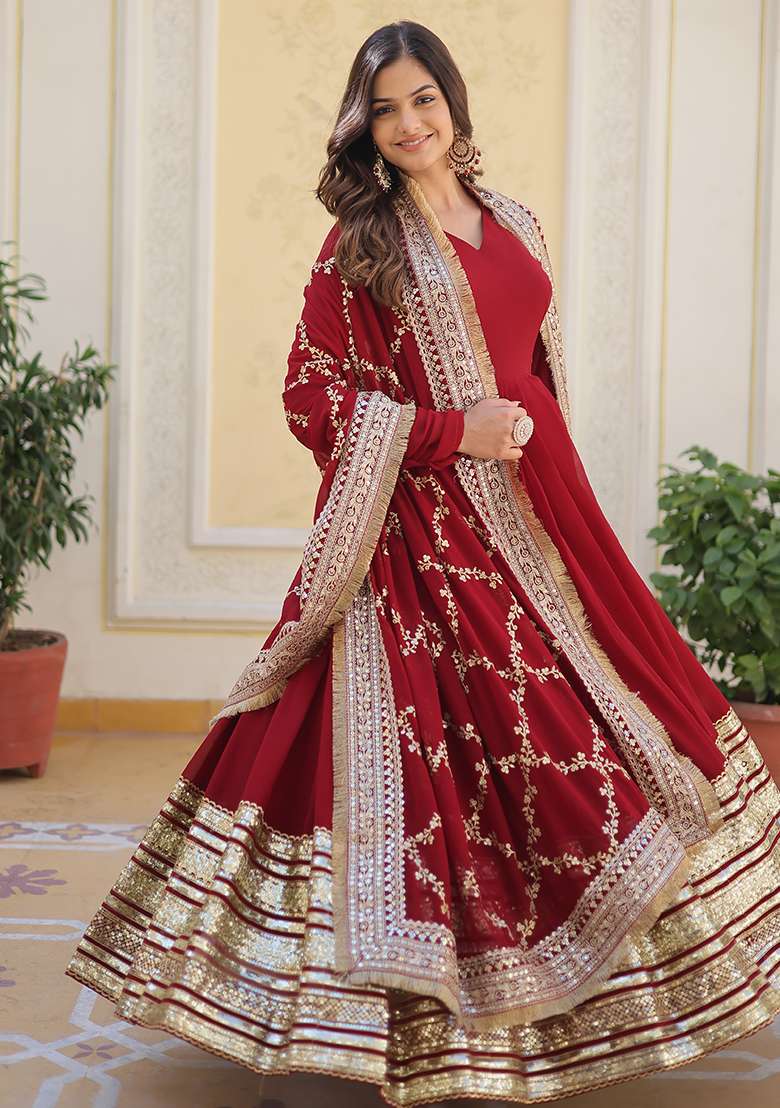 Maroon Embroidered Georgette Anarkali Set - Indya