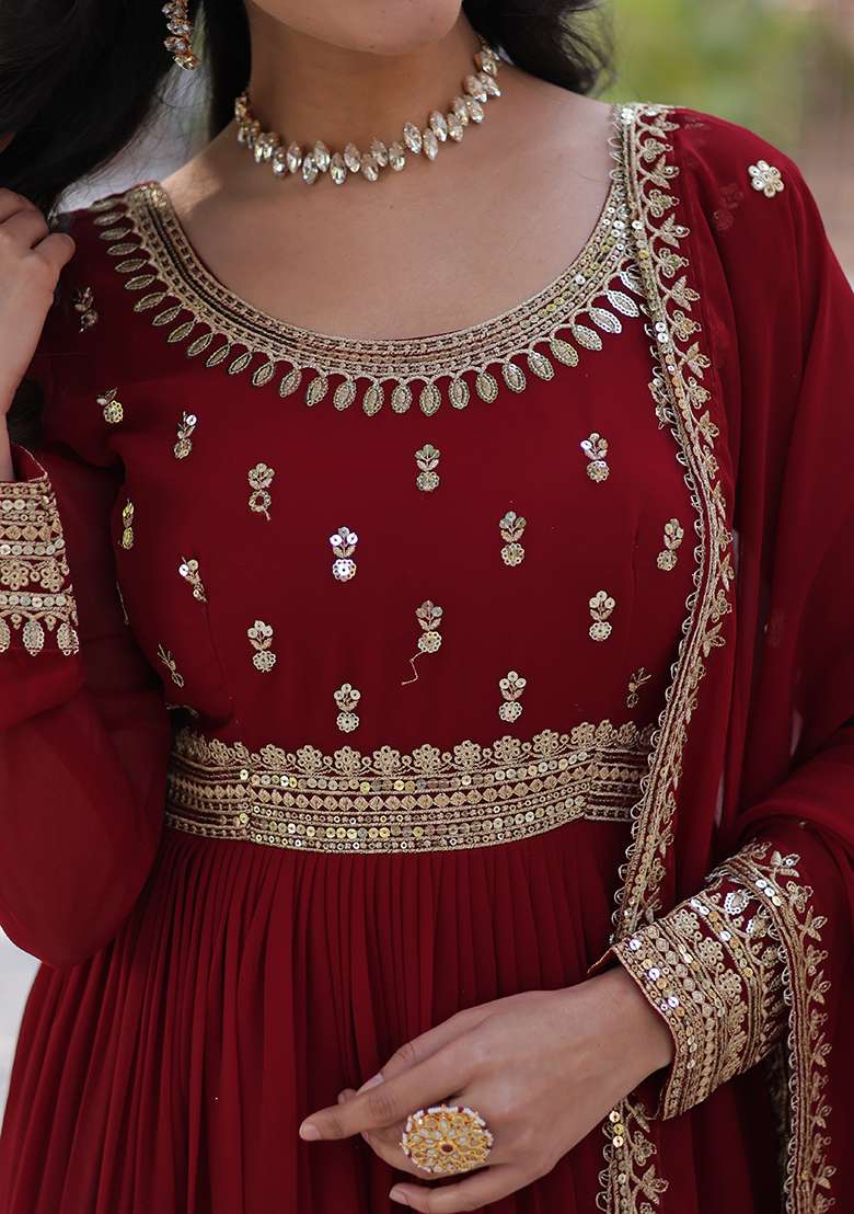 Maroon Embroidered Georgette Anarkali Set - Indya