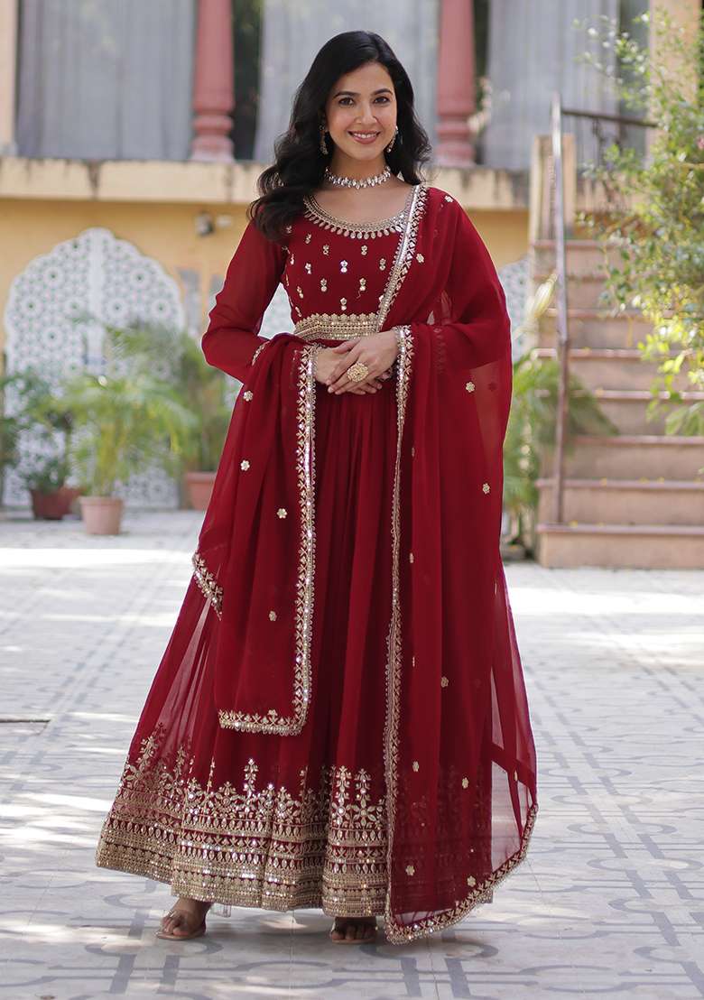 Purple Embroidered Georgette Anarkali Set - Indya
