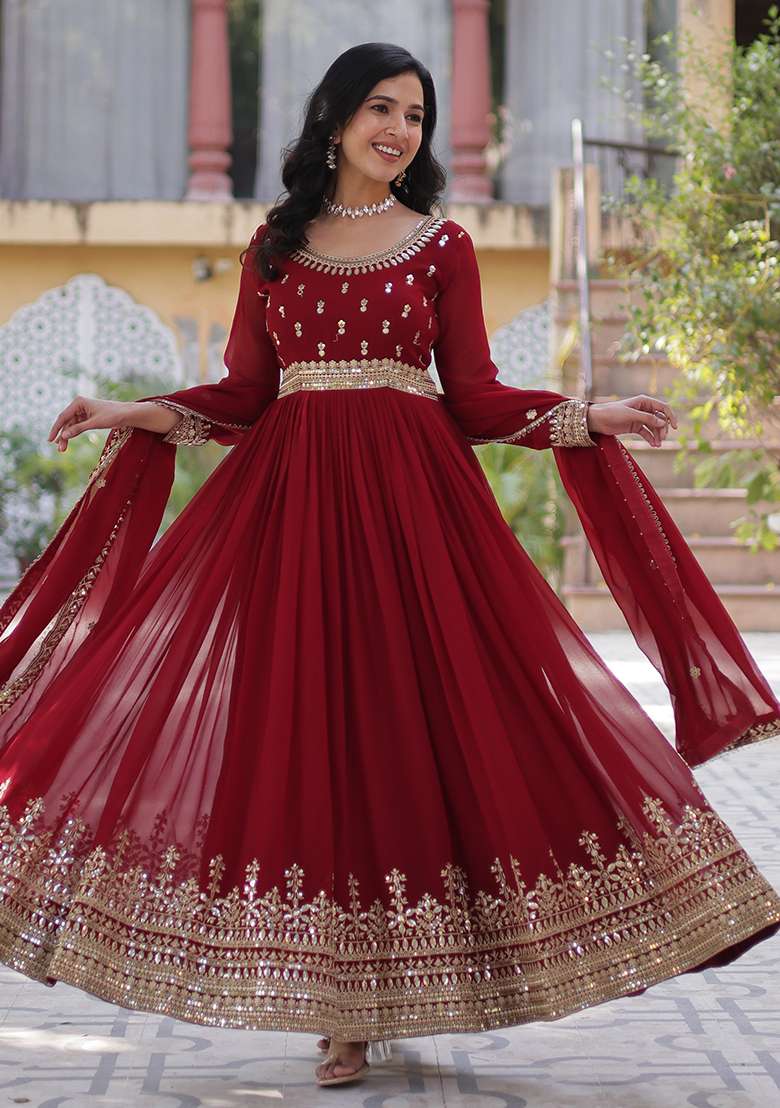 Purple Embroidered Georgette Anarkali Set - Indya
