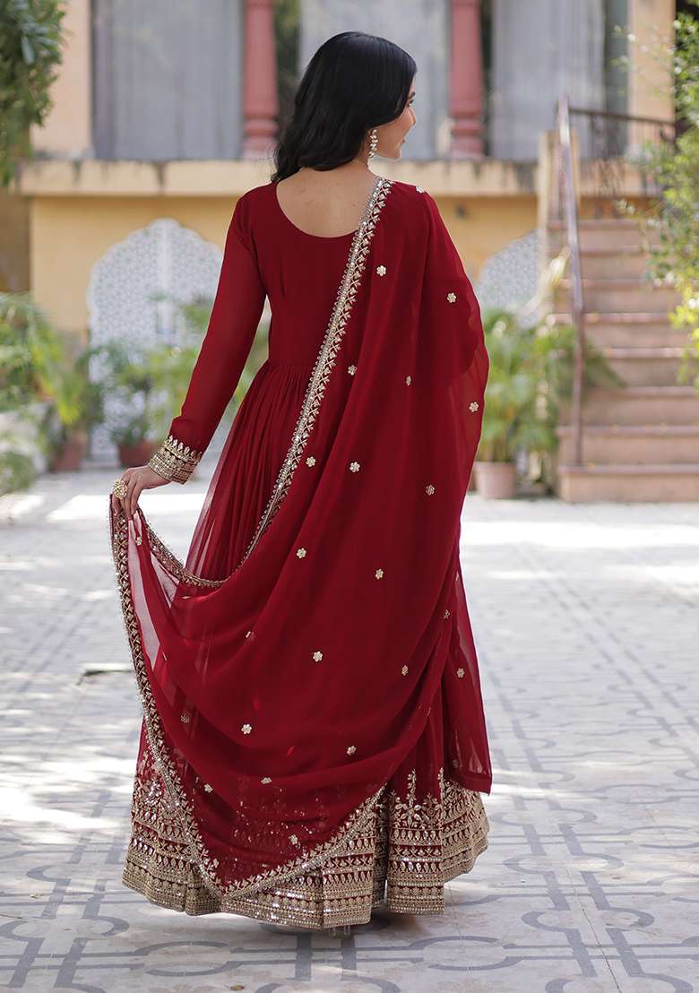 Purple Embroidered Georgette Anarkali Set - Indya