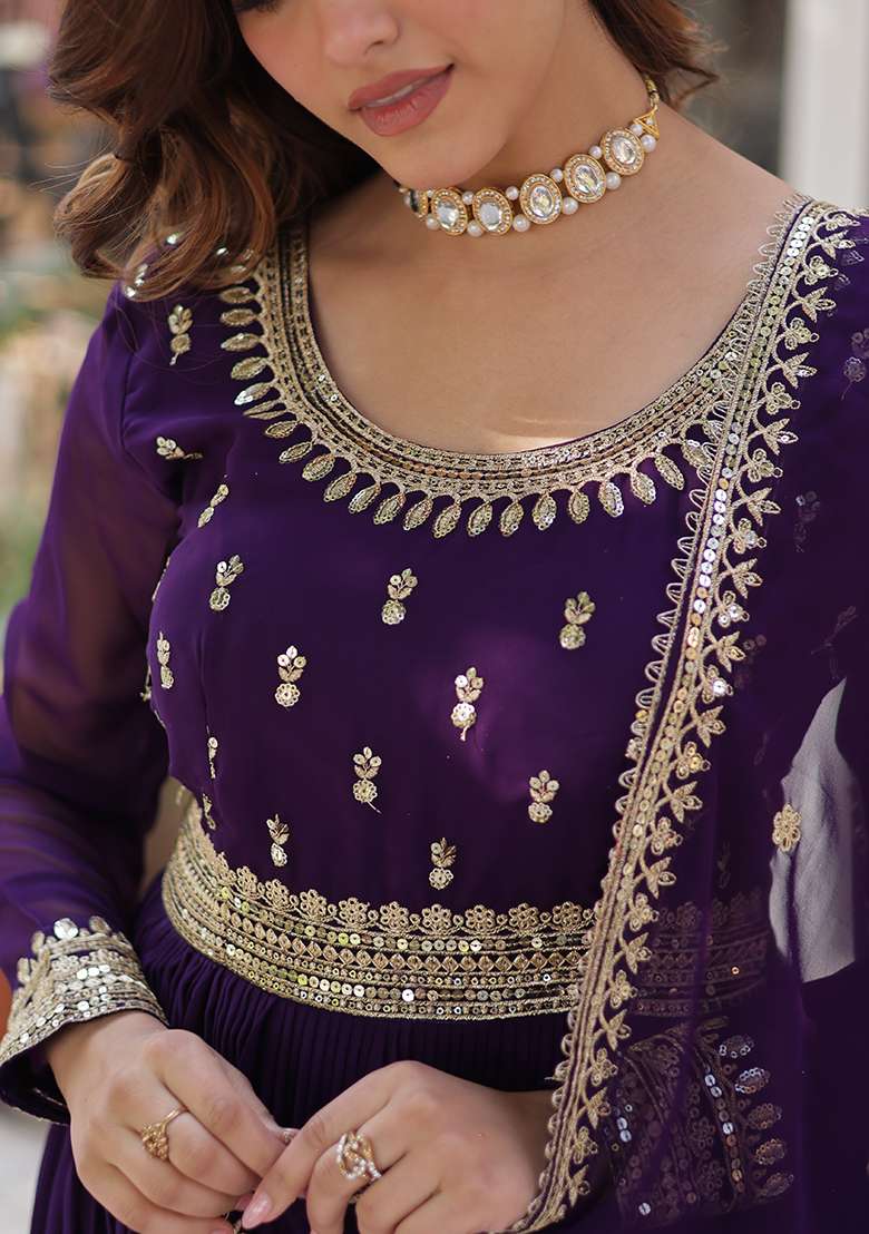 Maroon Embroidered Georgette Sharara Set - Indya