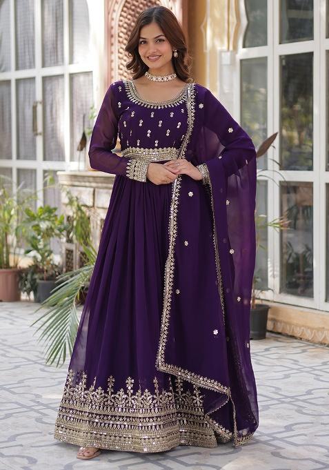 Maroon Sequence Embroidery Work Georgette Kurta Set