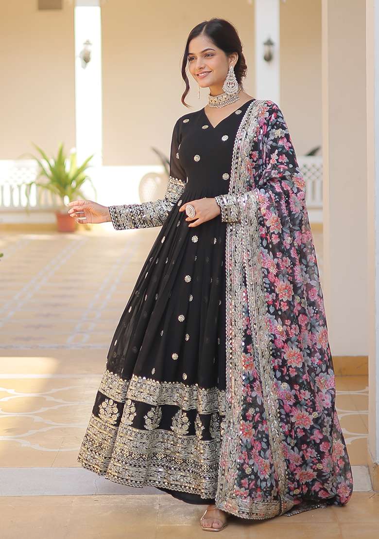 Black Embroidered Georgette Anarkali Set - Indya