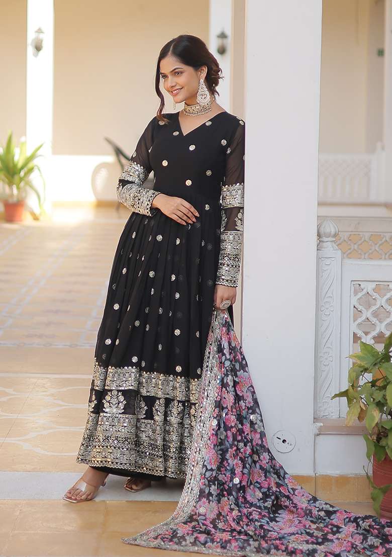 Black Embroidered Georgette Anarkali Set - Indya