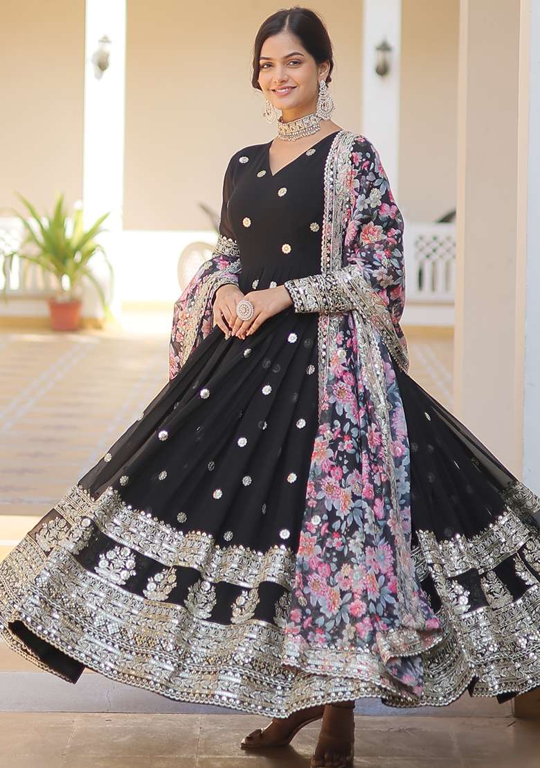 Black Embroidered Georgette Anarkali Set - Indya
