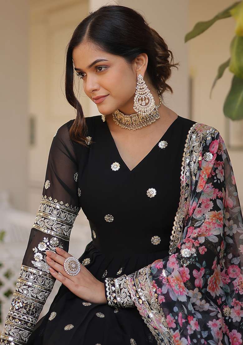 Black Embroidered Georgette Anarkali Set - Indya