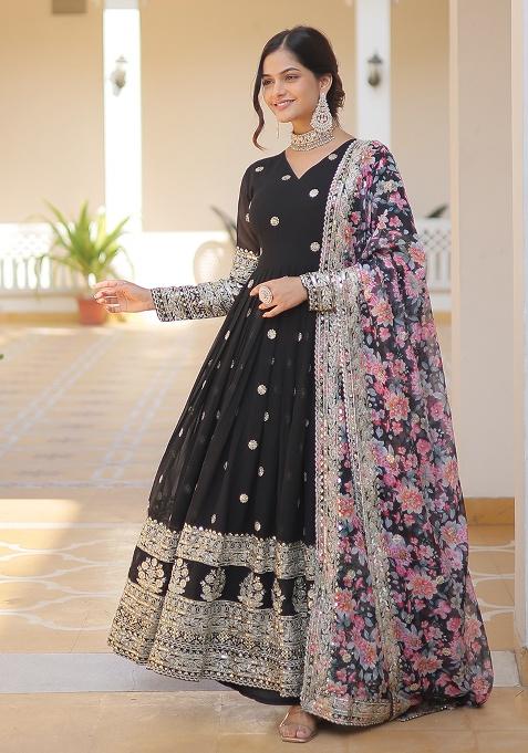 Black Sequence Embroidery Work Georgette Kurta Set