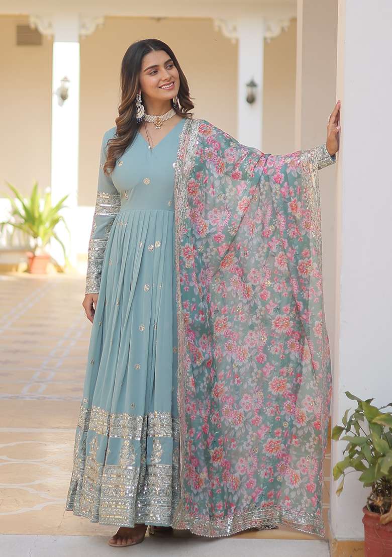 Sky Blue Embroidered Georgette Anarkali Set - Indya