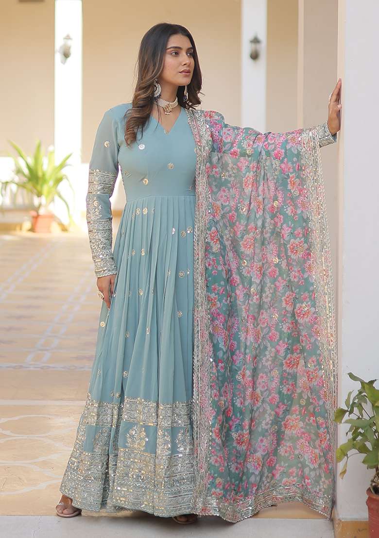 Sky Blue Embroidered Georgette Anarkali Set - Indya