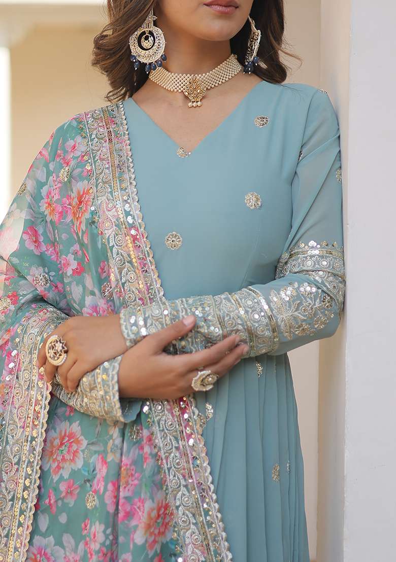 Sky Blue Embroidered Georgette Anarkali Set - Indya