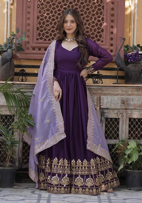 Purple Sequence Embroidery Work Georgette Kurta Set