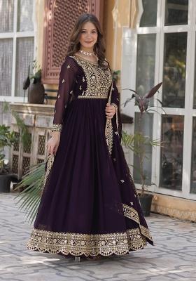 Wine Sequence Embroidery Work Georgette Kurta Set
