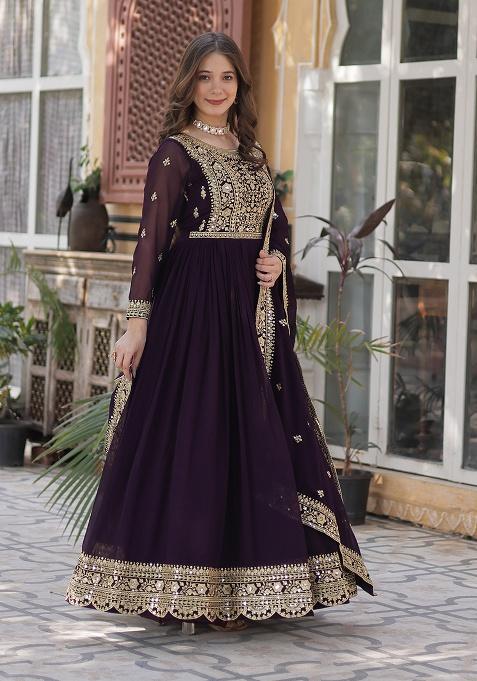 Wine Sequence Embroidery Work Georgette Kurta Set