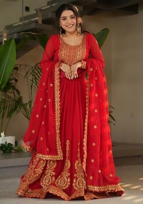 Red Sequence Embroidery Work Georgette Kurta Set