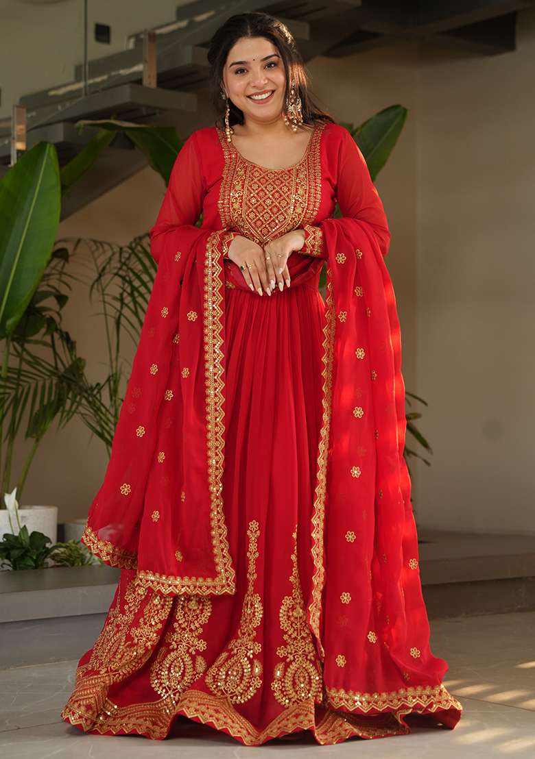 Red Embroidered Georgette Sharara Set - Indya