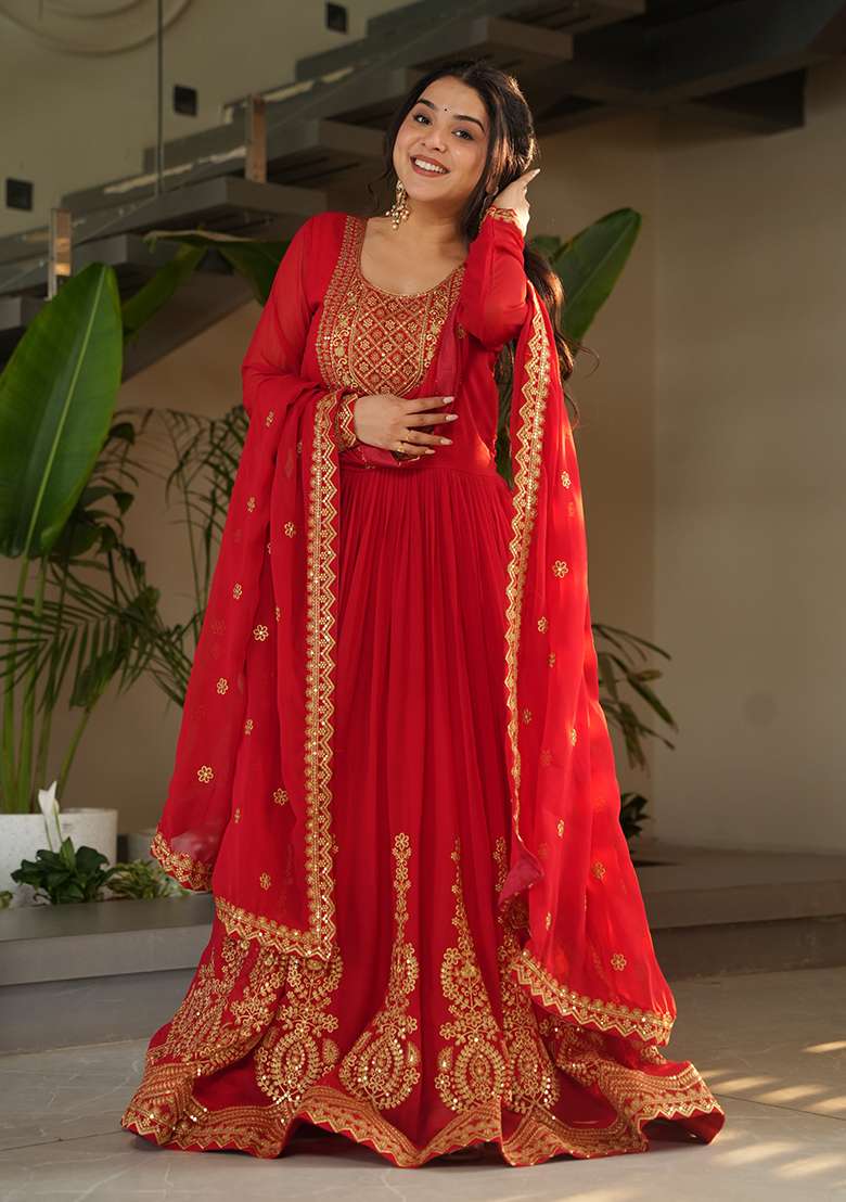 Red Embroidered Georgette Sharara Set - Indya