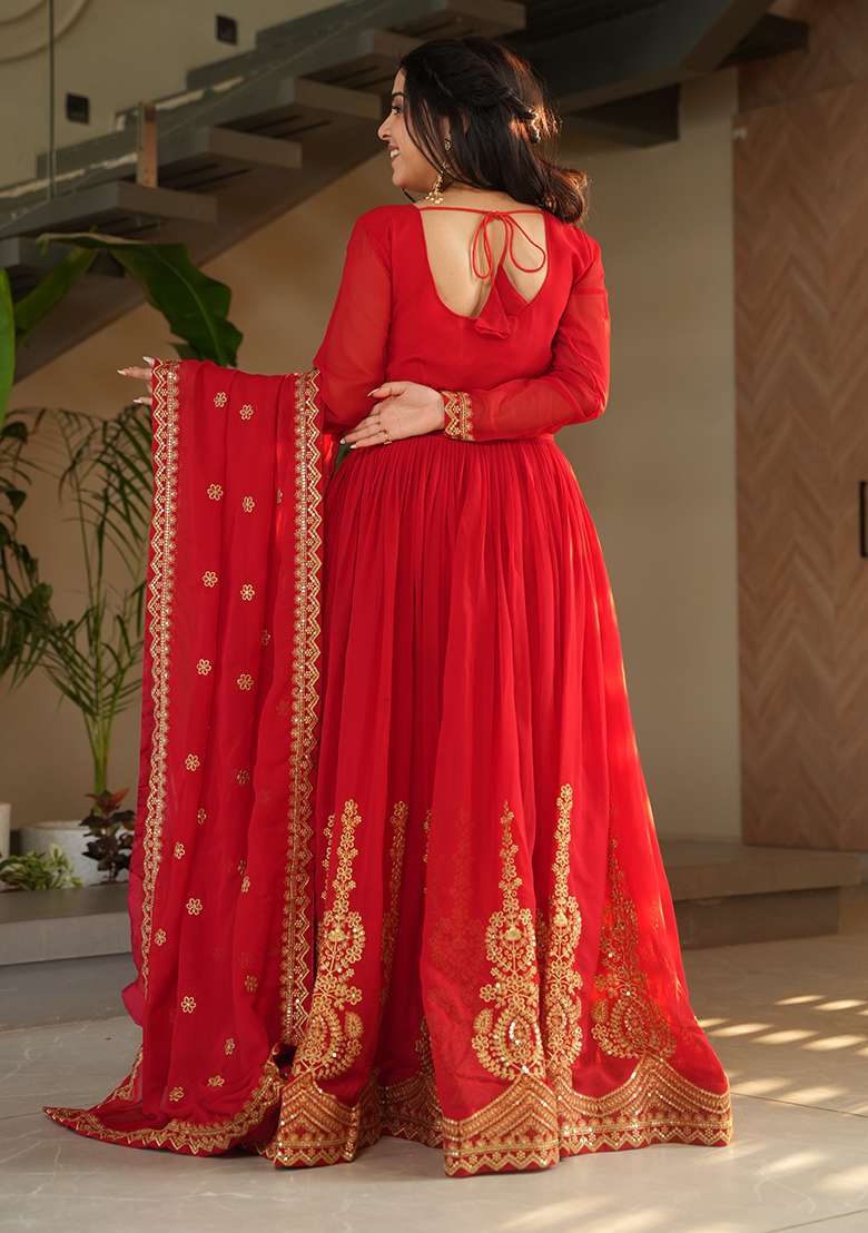 Red Embroidered Georgette Sharara Set - Indya