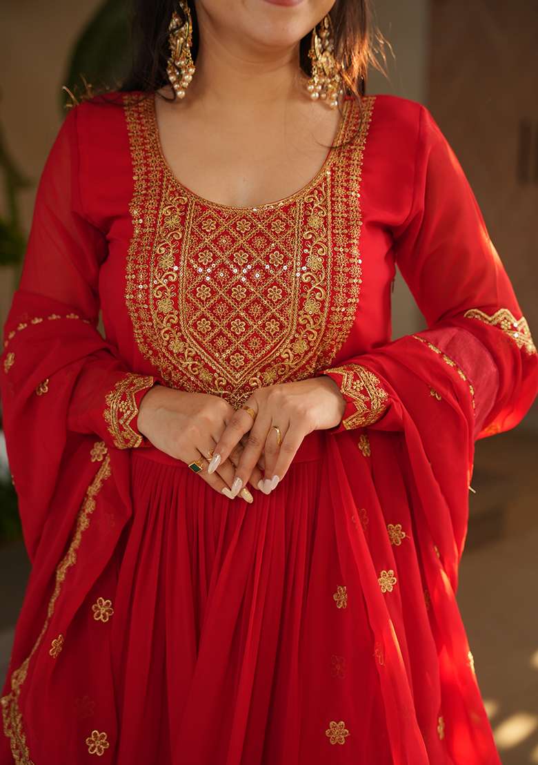 Red Embroidered Georgette Sharara Set - Indya