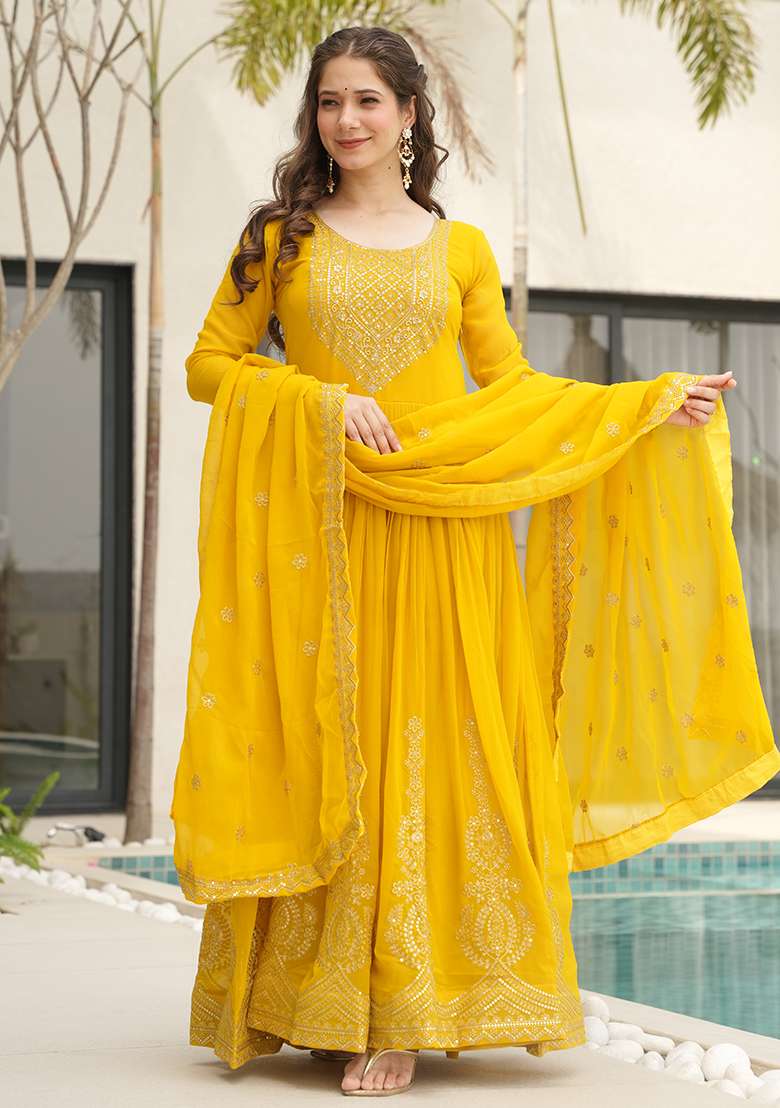 Yellow Embroidered Silk Blend Anarkali Set - Indya