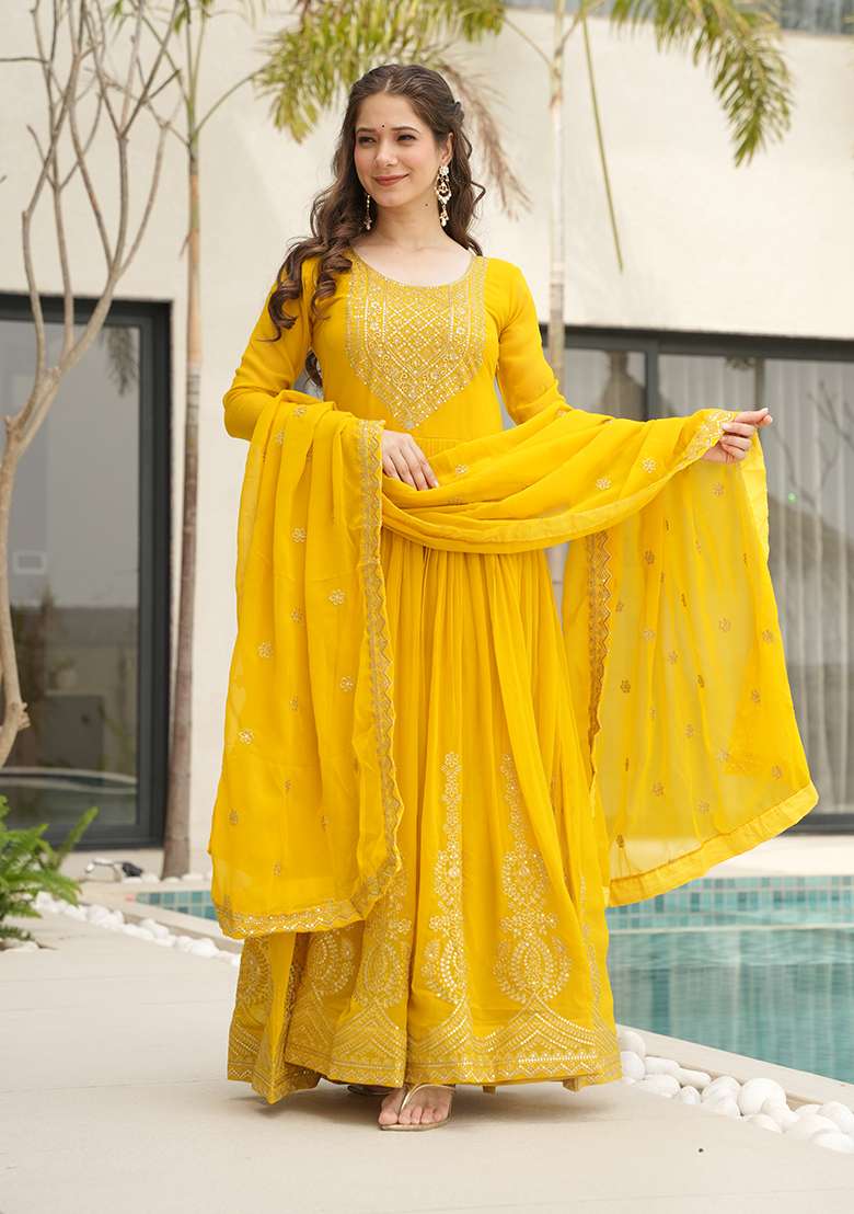 Yellow Embroidered Silk Blend Anarkali Set - Indya