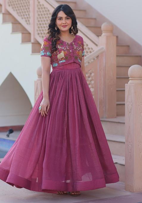 Pink Sequence Embroidery Work Crunchy Kurta Set