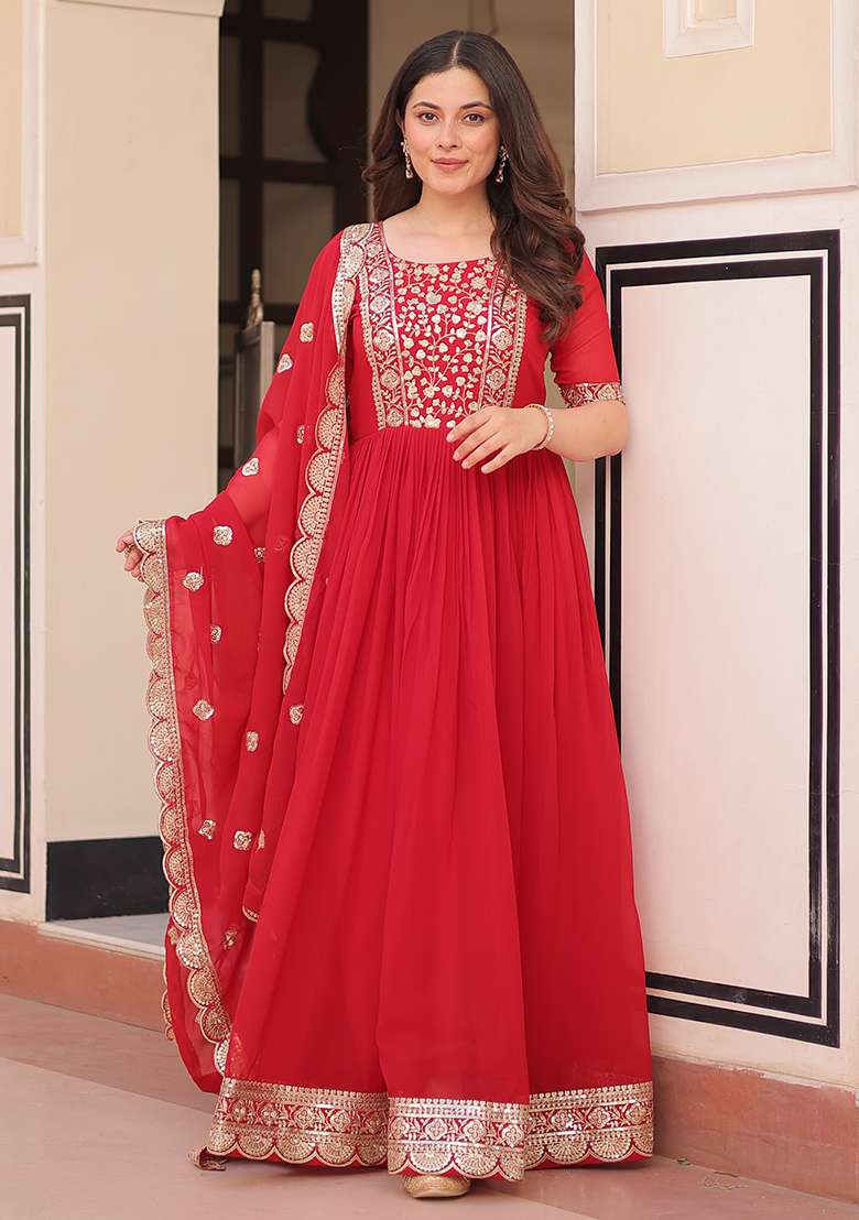 Red Embroidered Georgette Anarkali Set - Indya