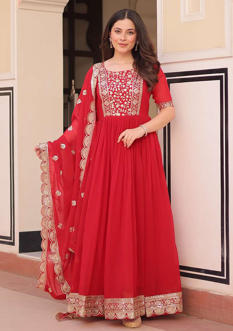 Red Embroidered Georgette Anarkali Set - Indya