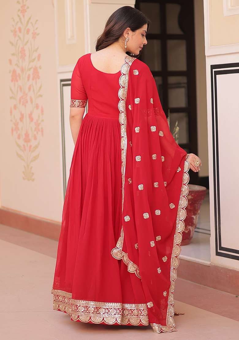 Red Embroidered Georgette Anarkali Set - Indya
