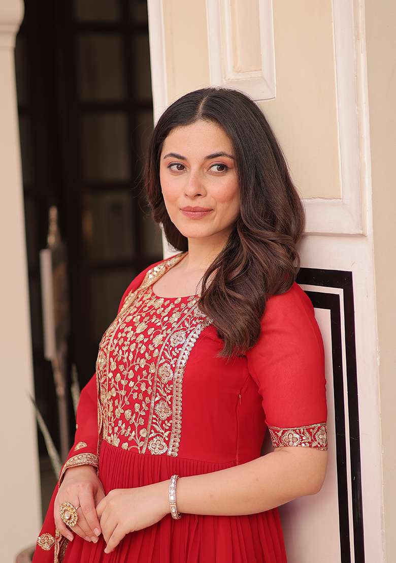 Red Embroidered Georgette Anarkali Set - Indya