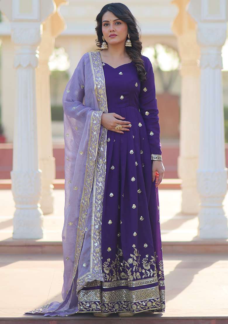 Blue Embroidered Georgette Anarkali Set - Indya