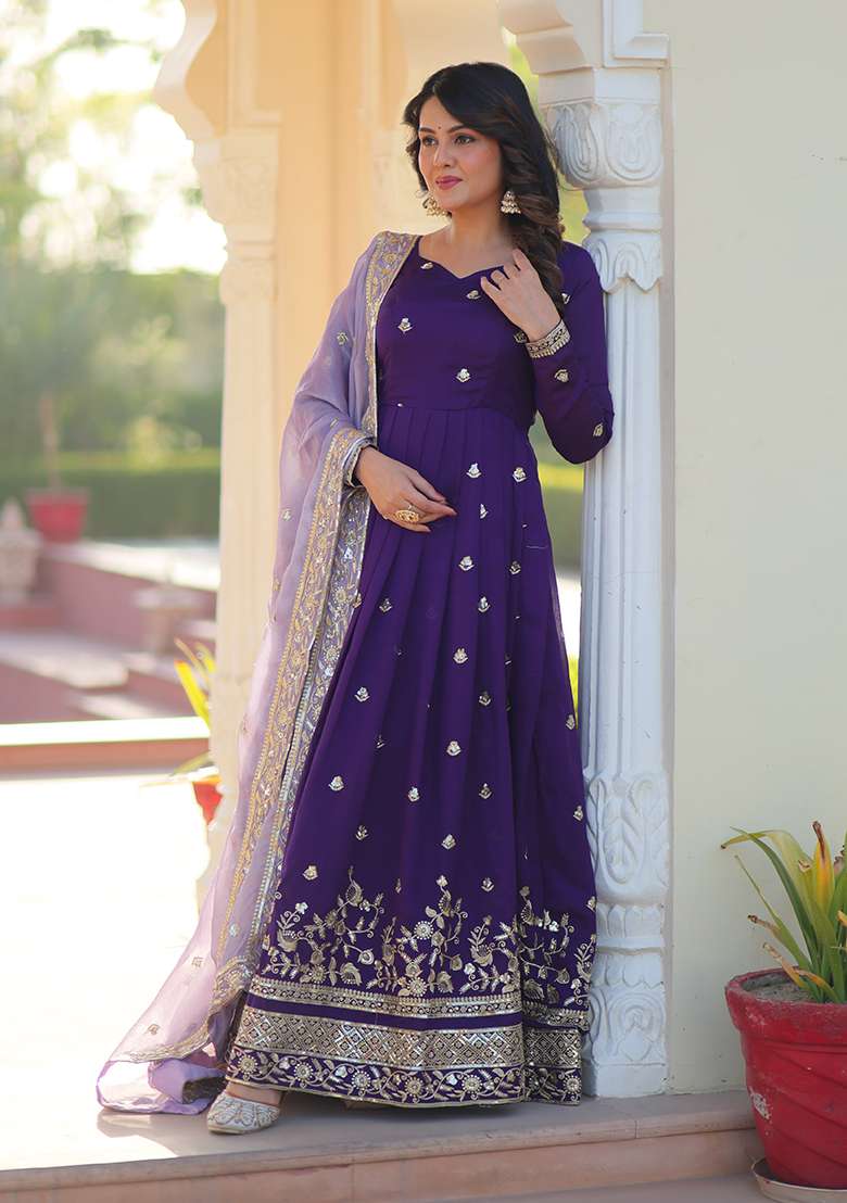 Blue Embroidered Georgette Anarkali Set - Indya