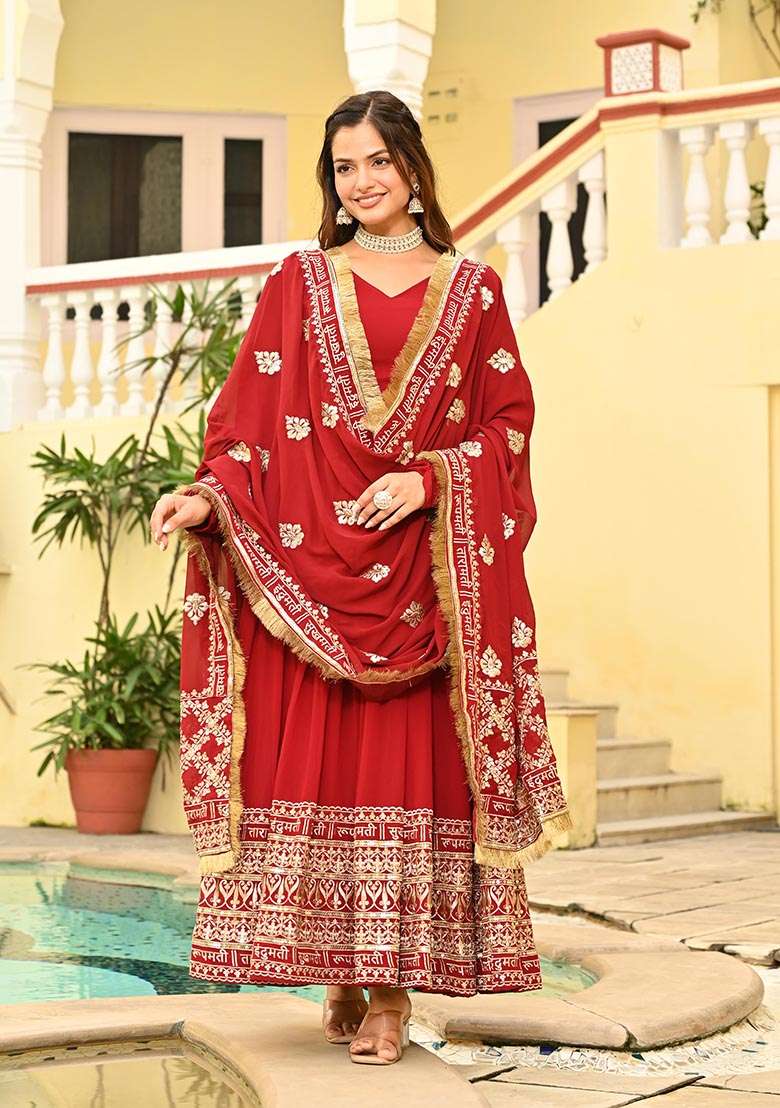Red Embroidered Georgette Sharara Set - Indya