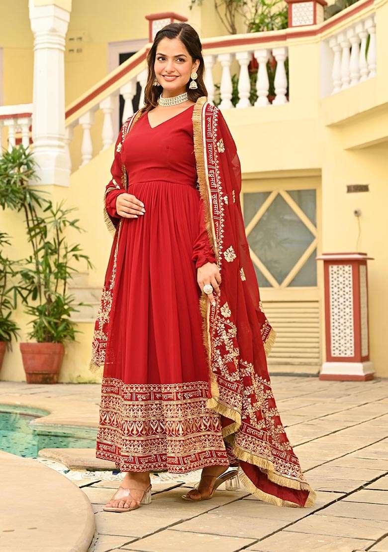 Red Embroidered Georgette Sharara Set - Indya