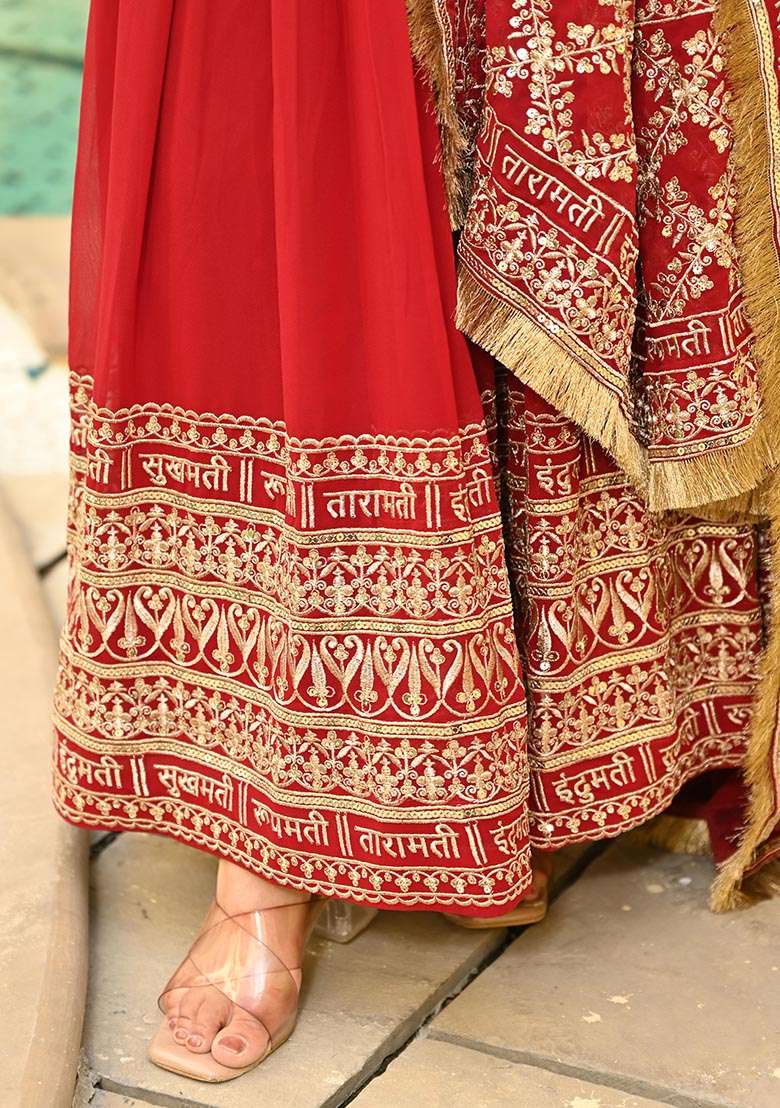 Red Embroidered Georgette Sharara Set - Indya