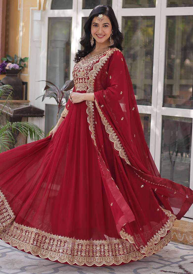 Maroon Embroidered Georgette Anarkali Set - Indya