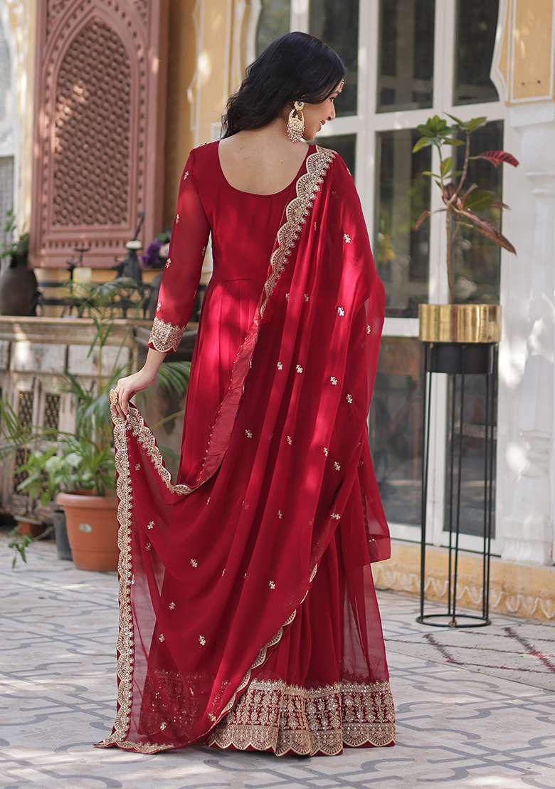 Maroon Embroidered Georgette Anarkali Set - Indya