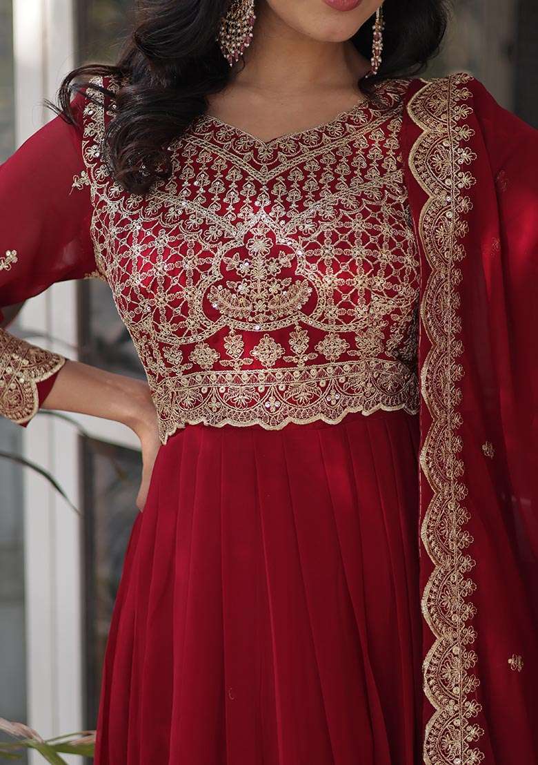 Maroon Embroidered Georgette Anarkali Set - Indya
