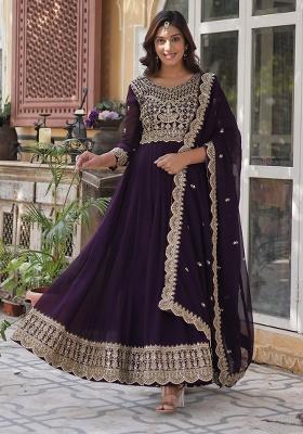 Wine Sequence Embroidery Work Georgette Kurta Set