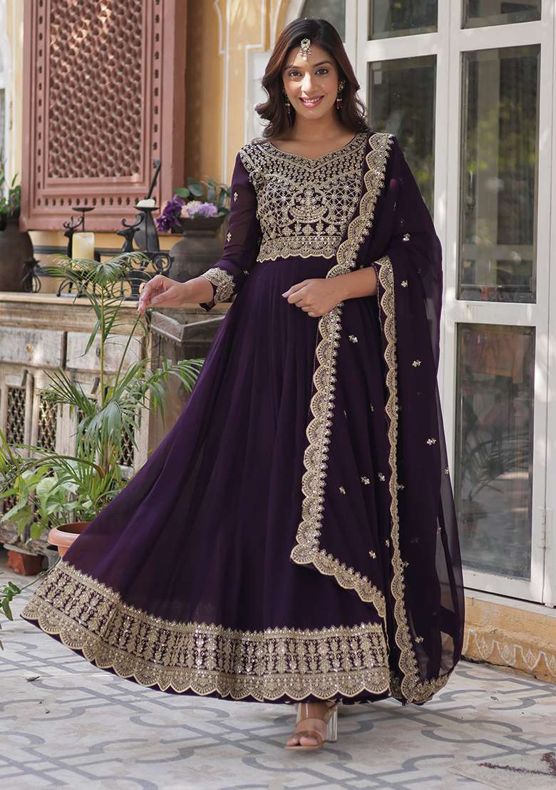 Wine Embroidered Georgette Anarkali Set - Indya