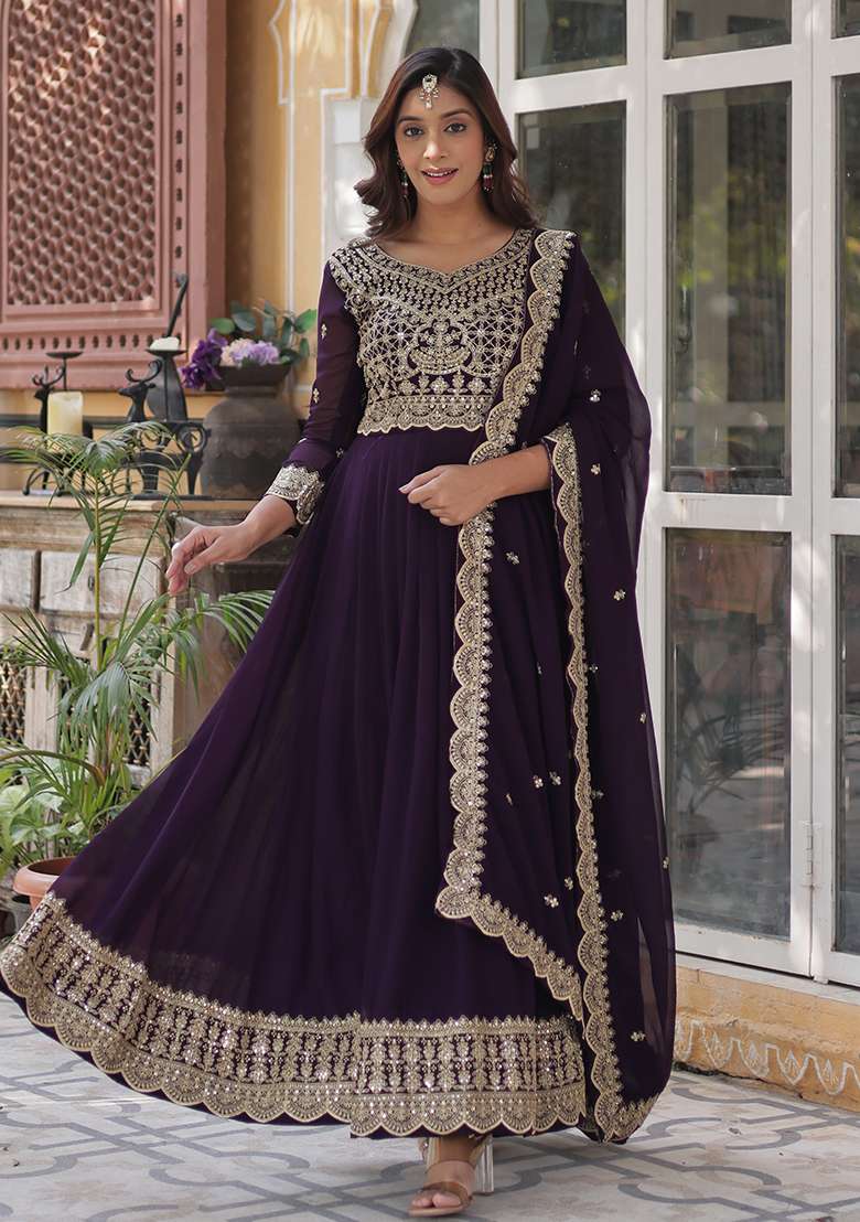 Wine Embroidered Georgette Anarkali Set - Indya