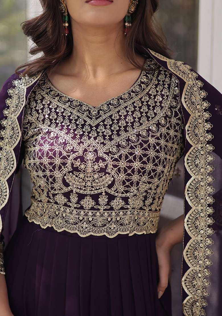 Wine Embroidered Georgette Anarkali Set - Indya