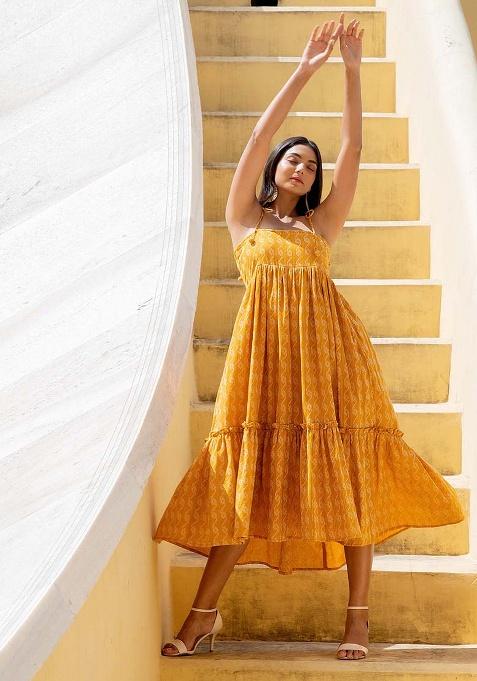 Yellow Motif Cotton Kantha Dress